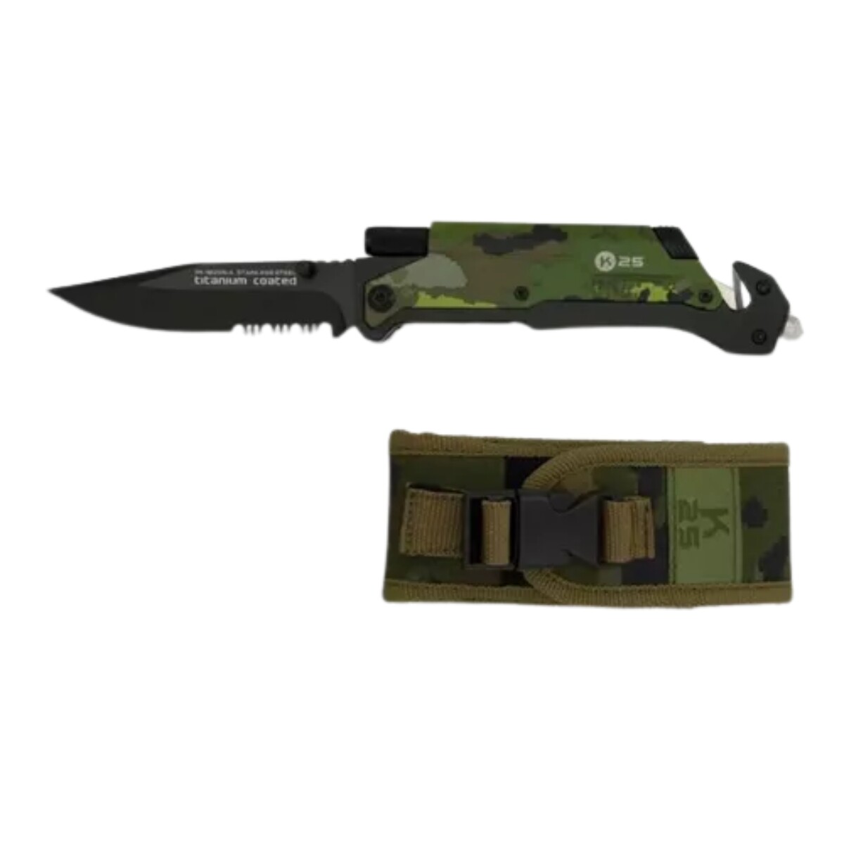 Navaja PRO con pedernal y linterna Pixelado verde - K25 