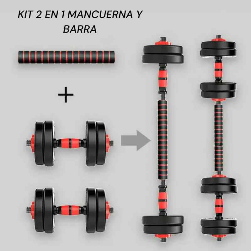 Set Mancuerna Bosco Ajustable + Barra 20 Kg Total Negro