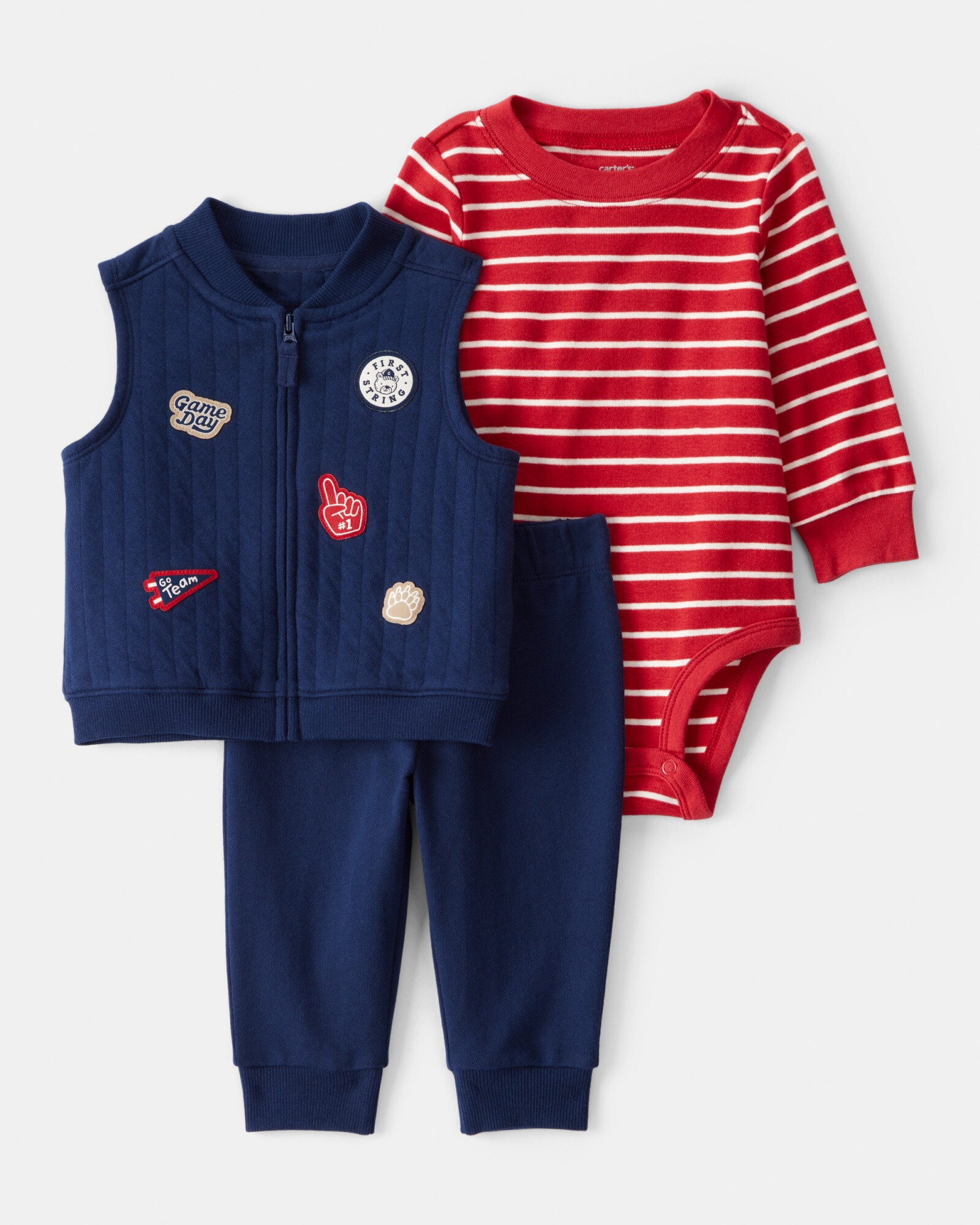 Set tres piezas de algodón, chaleco, pantalón y body, diseño juegos Set tres piezas de algodón, chaleco, pantalón y body, diseño juegos