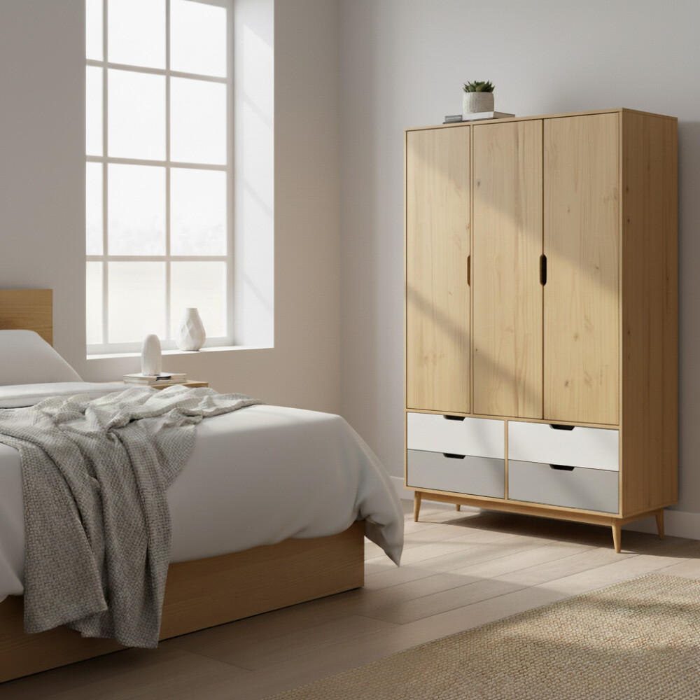 Ropero - 3 Puertas - 4 Cajones - Línea Nórdica Roble/Gris claro/Blanco