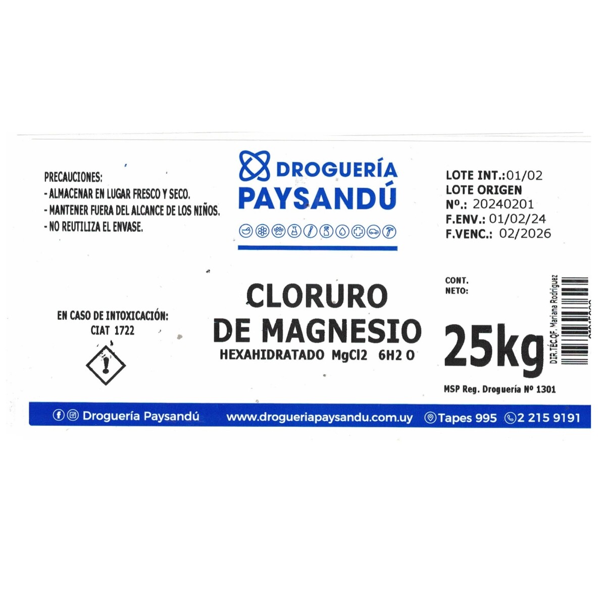 Cloruro de Magnesio Puro - 25 kg 