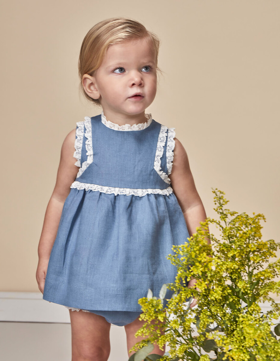 Vestido Lino Con Tiras Bordadas En Contr - Azul Medio Claro 
