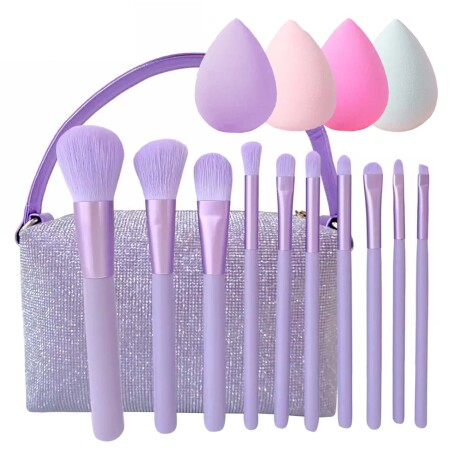 Set Maquillaje 10 Brochas y Pinceles c/ Estuche + Esponjas Violeta
