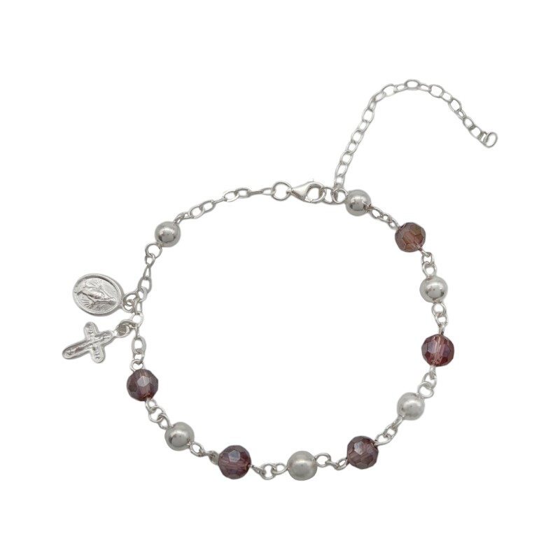Pulsera Bolitas con dijes-Plata 925-Cristal rosa-PU3650 sinpiedra