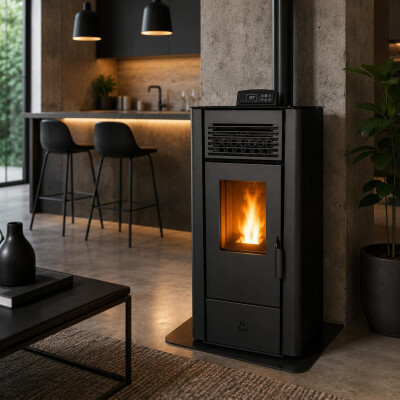 Calefactor Selma a pellet WiFi - con Kit de techo 10kW Negro