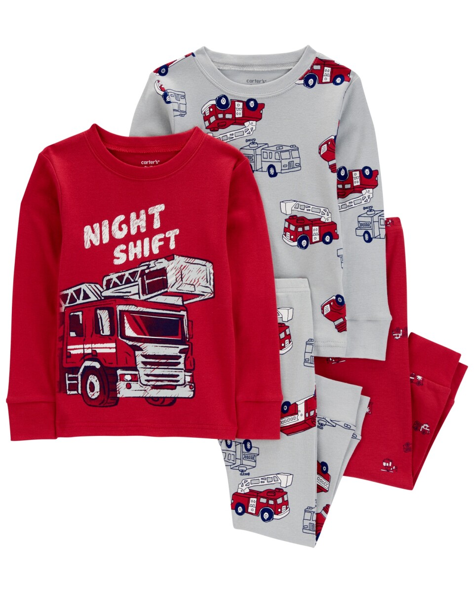 Pijama cuatro piezas de algodón, dos pantalones y dos remeras, diseño bomberos 