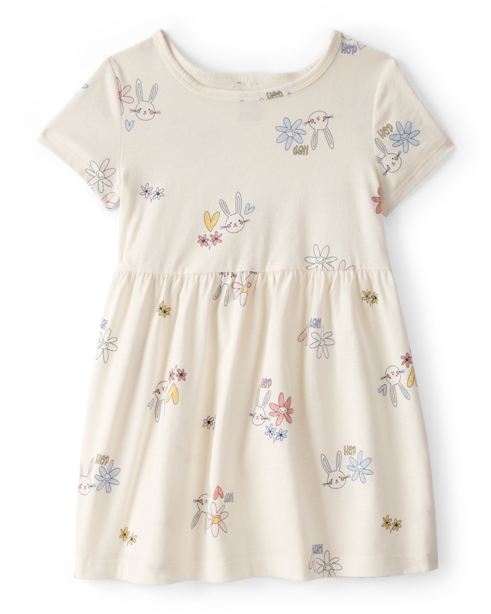 Vestido de algodón, manga corta, crema, diseño conejo de Pascua Sin color