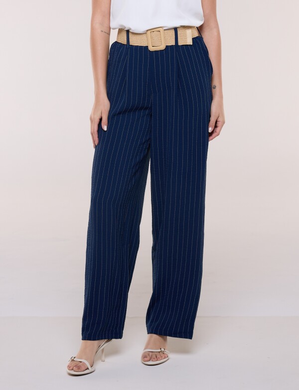 Pantalon Wide Leg Rayado Con Cinturón De Rafia AZUL