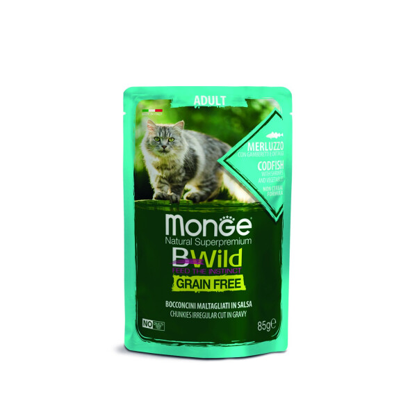 MONGE BWILD POUCHES AD. CODFISH W/ SHRIMPS AND VEGETABLES 85 GRS MONGE BWILD POUCHES AD. CODFISH W/ SHRIMPS AND VEGETABLES 85 GRS