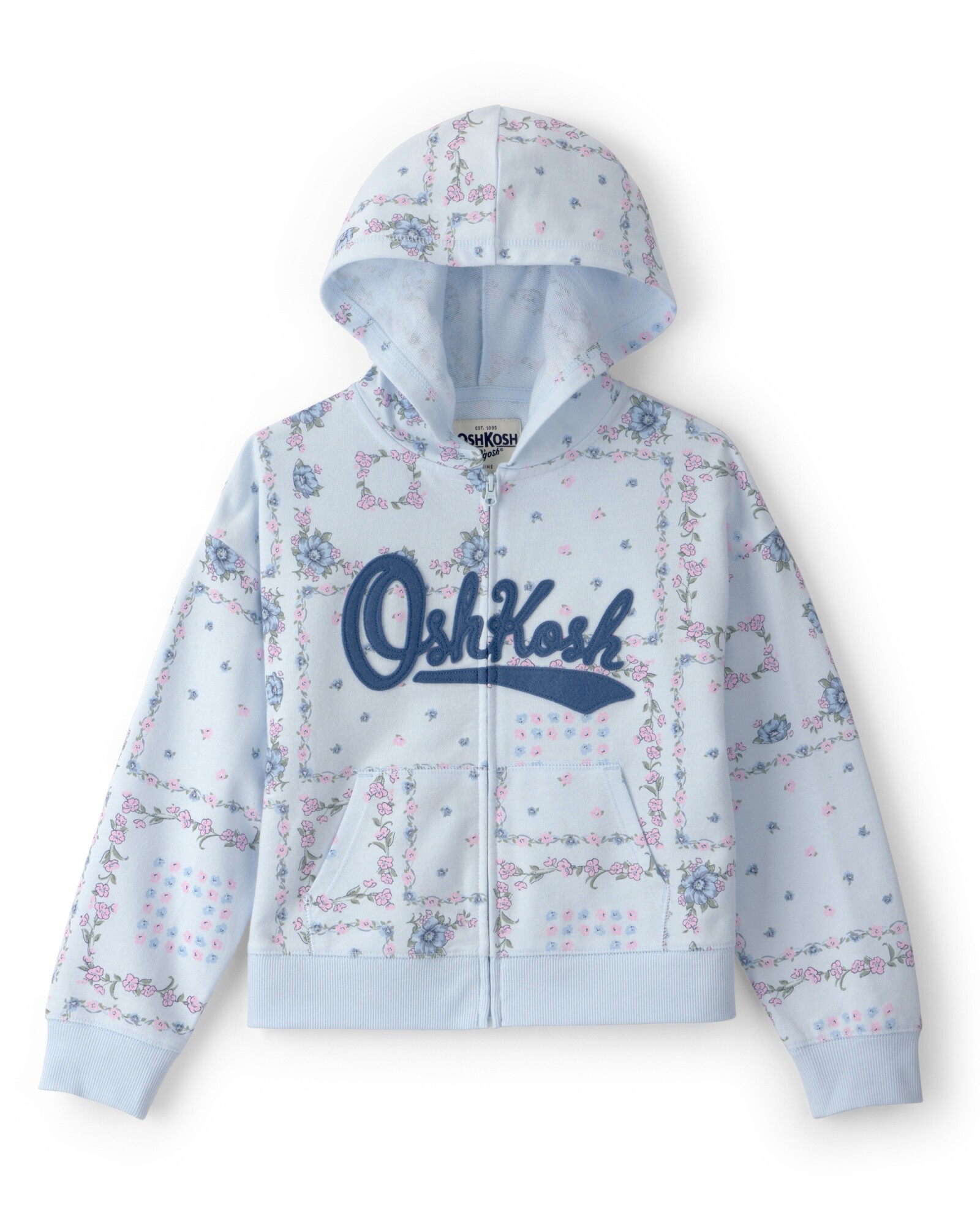 Campera de algodón, azul, con capucha y logo, diseño floral Sin color