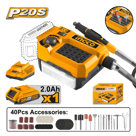 MINITORNO A BATERIA 20V P20S C/EJE FLEXIBLE EN CAJA C/1 BAT + 40 ACCESORIOS - CMGLI20011 INGCO 001