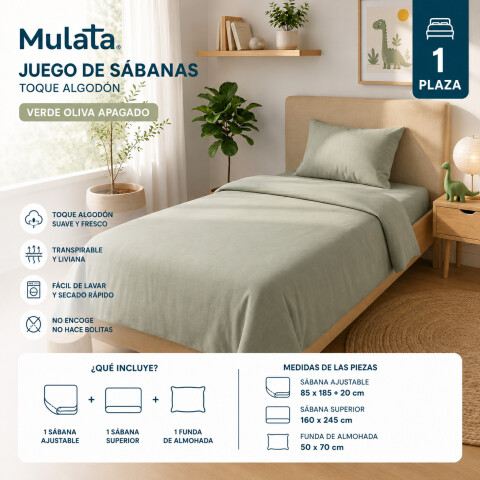 Juego De Sabanas 1 Plaza Toque Algodón Sommier Infantil - Verde Oliva Apagado Juego De Sabanas 1 Plaza Toque Algodón Sommier Infantil - Verde Oliva Apagado