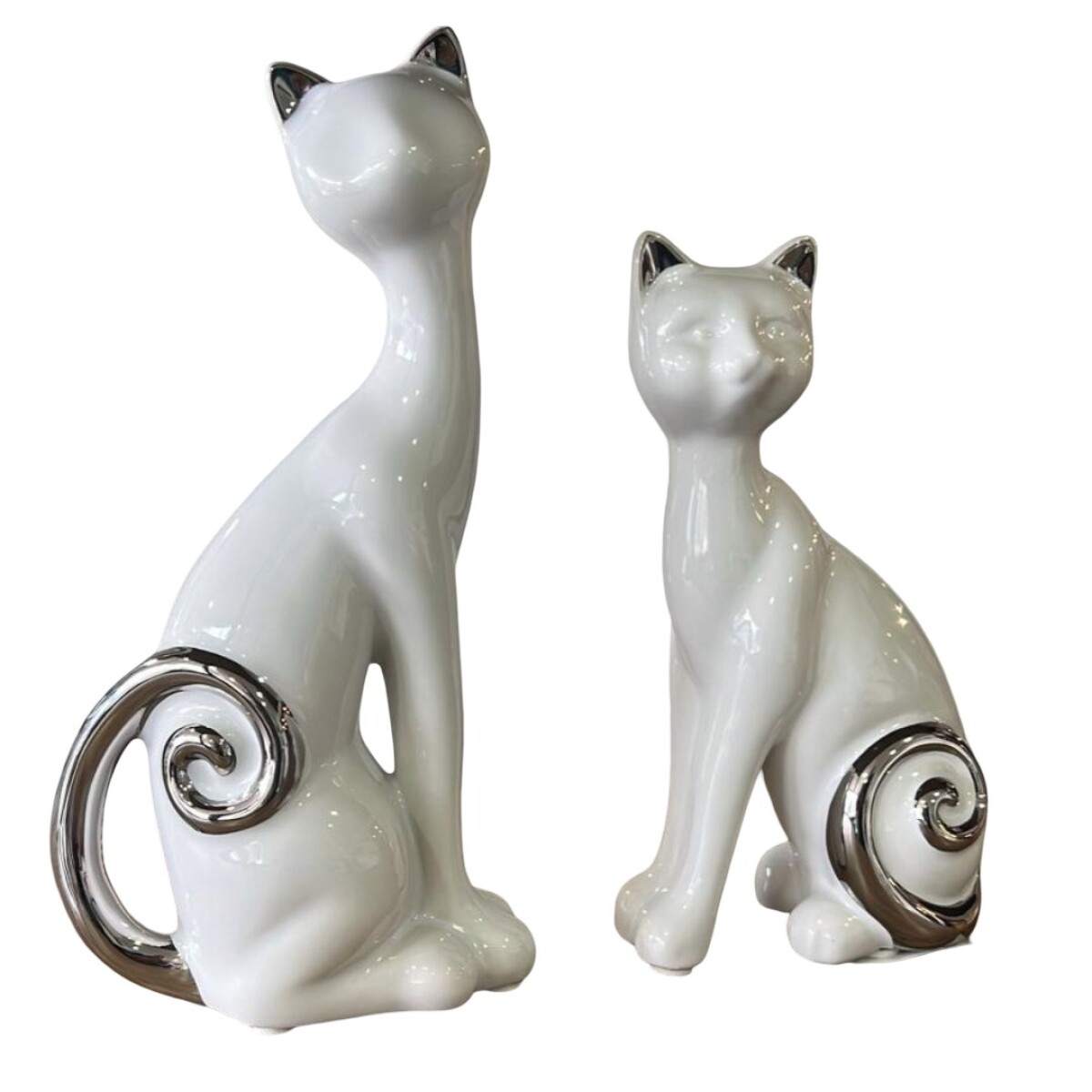 Juego de 2 Gatos En Cerámica - Blanco Y Plateado 