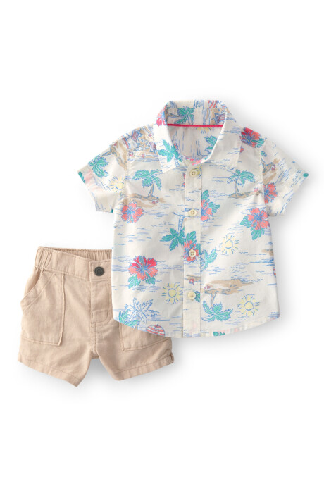 Set dos piezas, short de lino y camisa de algodón, diseño tropical Set dos piezas, short de lino y camisa de algodón, diseño tropical