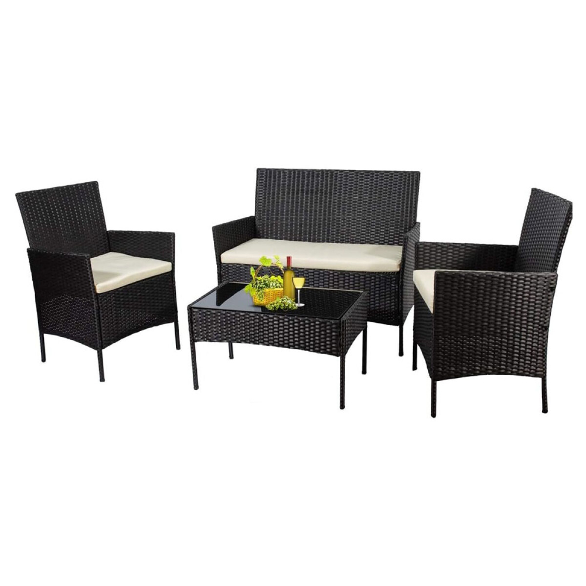 Juego Jardin Rattan 3 Sillones + Mesa Calidad Hts - Negro 