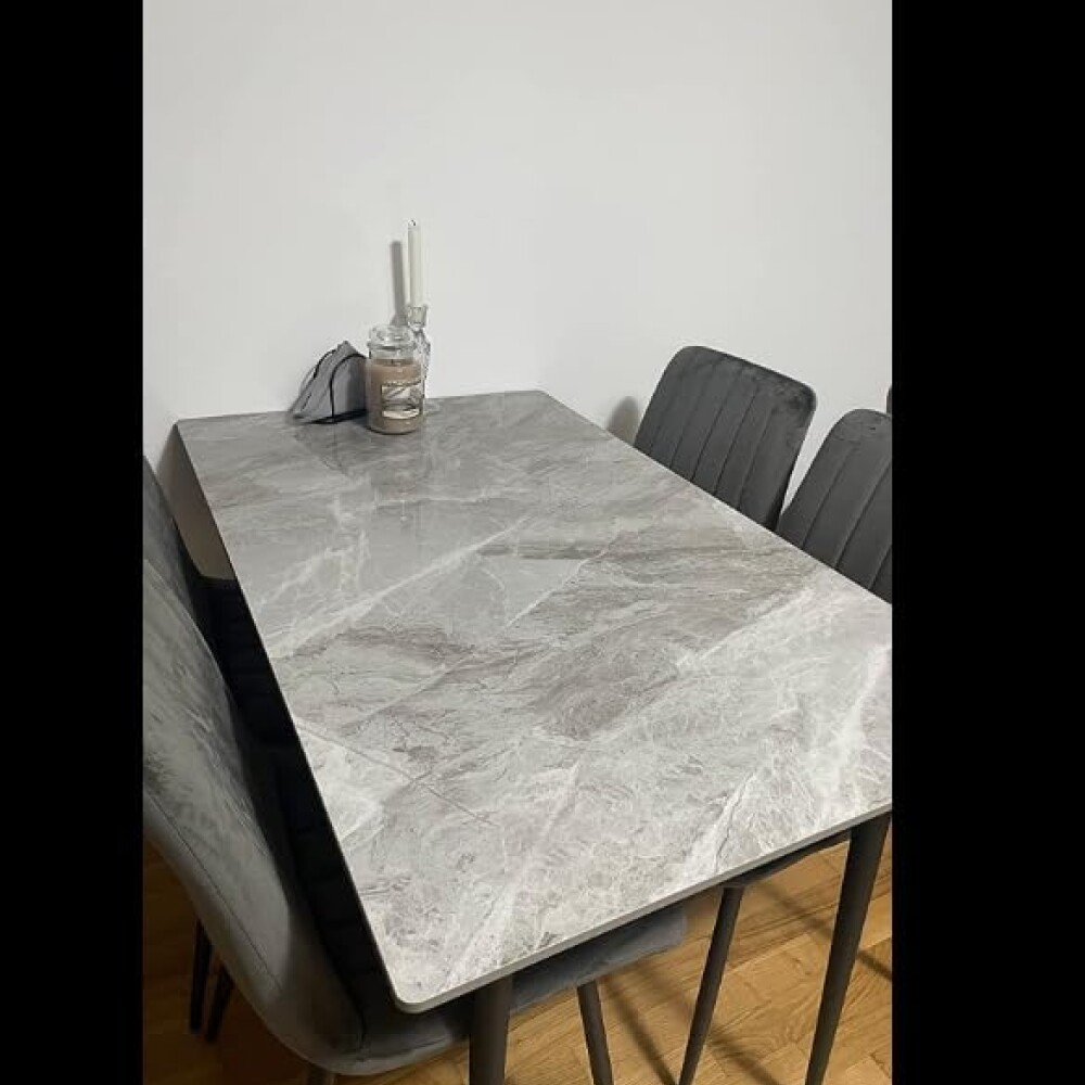 Mesa De Comedor Vidrio Símil Marmol 1.40x0.80m Patas De Hierro Gris