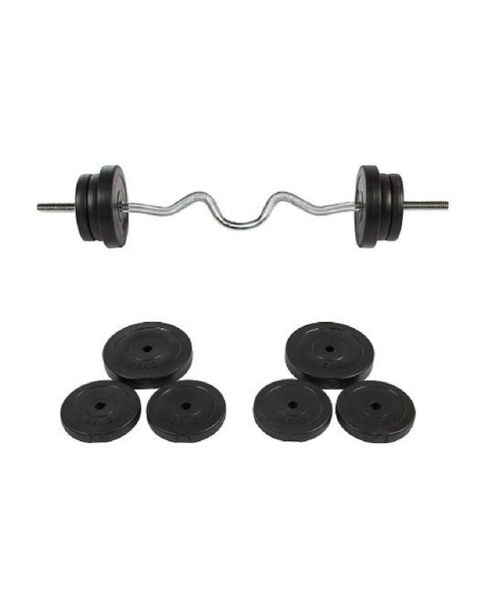 Kit fitness barra super W + 40 kgs - 2x10Kg 2x5Kg 4x2.5Kg 