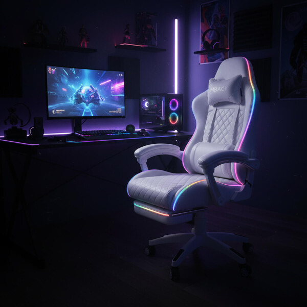 Silla Gamer Con Luces Led Ergonomica Escritorio y apoyapies con Cuero Sintético Imback Color Blanco Silla Gamer Con Luces Led Ergonomica Escritorio y apoyapies con Cuero Sintético Imback Color Blanco