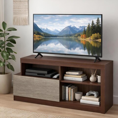 Rack para TV 55” Wood Marrón Mate con Puerta Abatible Tenerife y Nichos Rack para TV 55” Wood Marrón Mate con Puerta Abatible Tenerife y Nichos