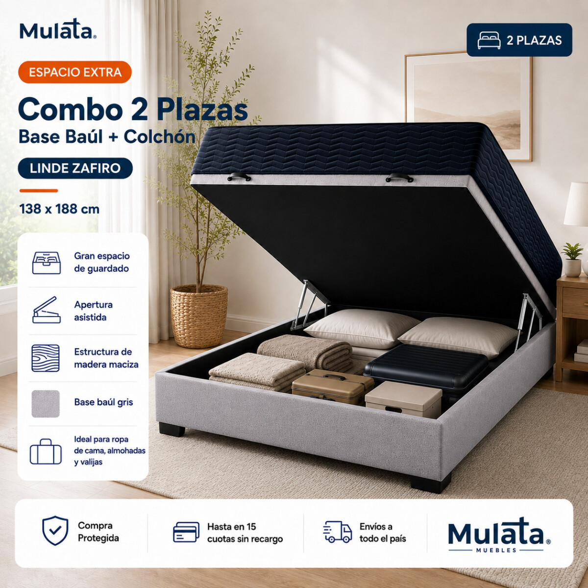 Sommier Baúl 2 Plazas Gris con Colchón Linde Zafiro 140x190 Firme 