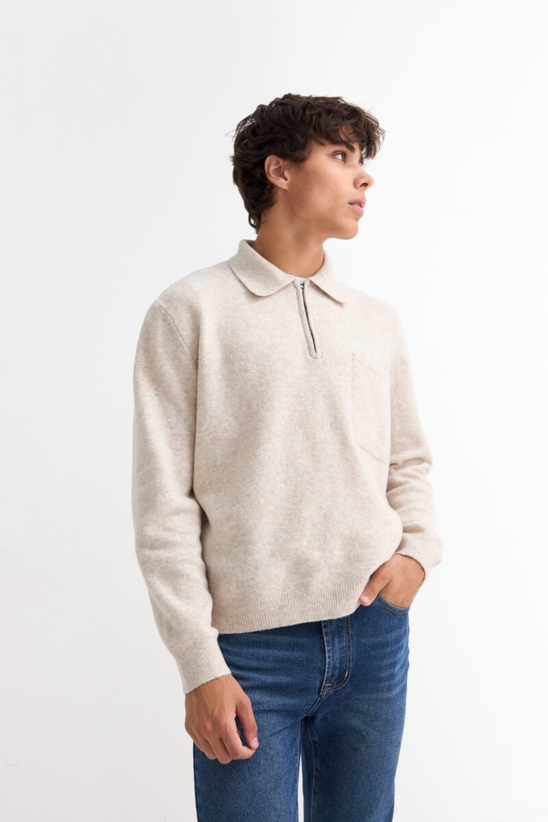 Sweater cuello polo con cierre BEIGE
