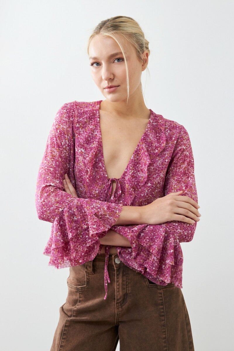 Blusa estampada con volados - fucsia 