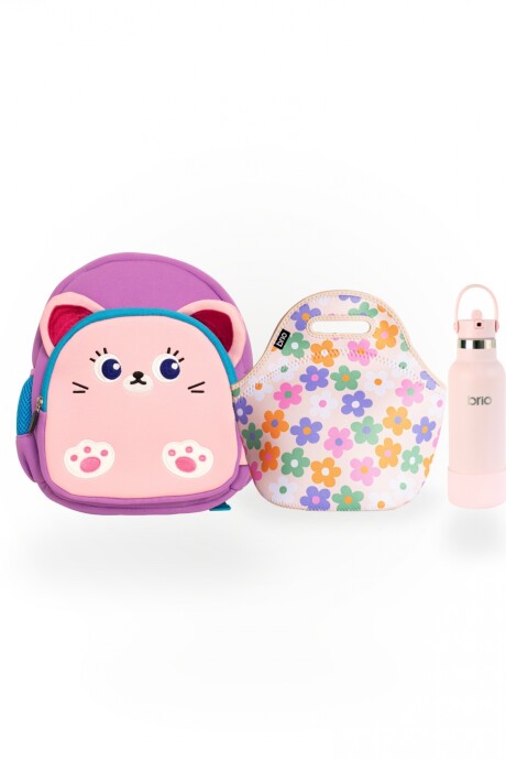 Set de mochila infantil animales de neopreno, lunchera de neopreno y botella de acero inoxidable 500ml brio set-florcitascolores