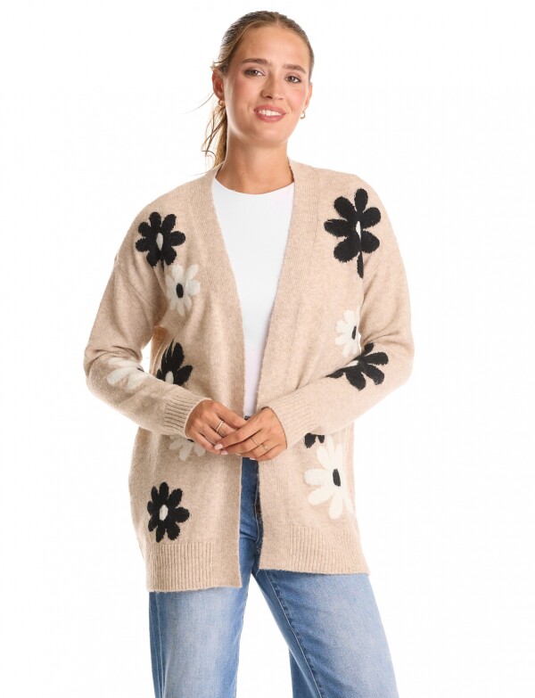 Cardigan Jacquard Flores & Calce Relajado BEIGE/MULTI