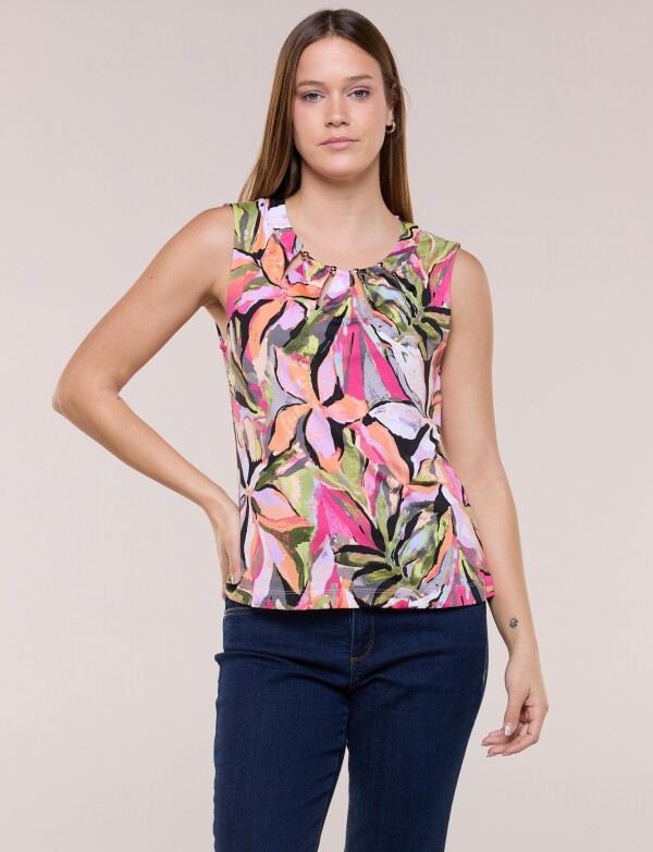 Blusa Escote Calado Y Cuentas Doradas MULTI/FUCSIA