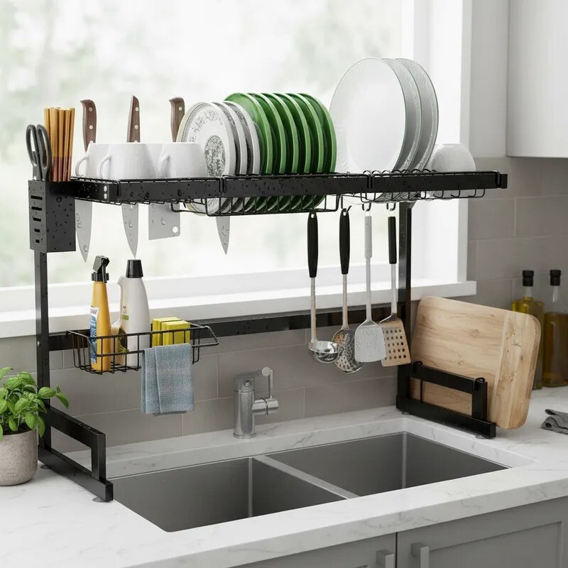Escurridor de Vajilla de Metal – 2 Niveles con Porta Cubiertos Grande Escurridor de Vajilla de Metal – 2 Niveles con Porta Cubiertos Grande