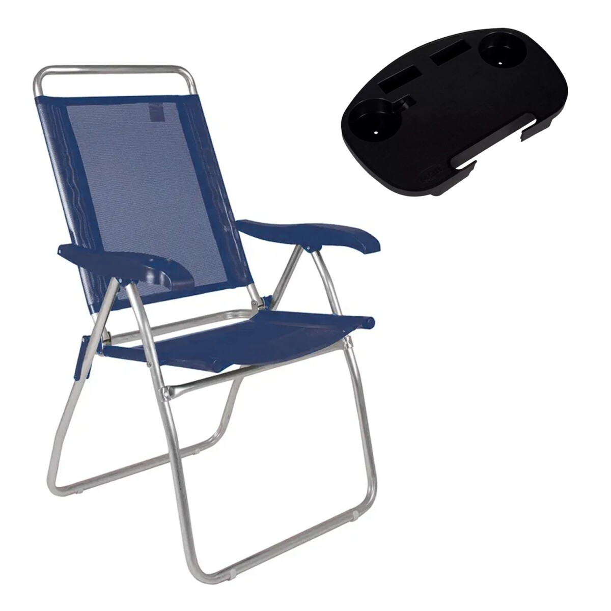 Set Silla Playa Pleg 4Pos + Mesa Bandeja Lateral Divisiones - Azul Marino 