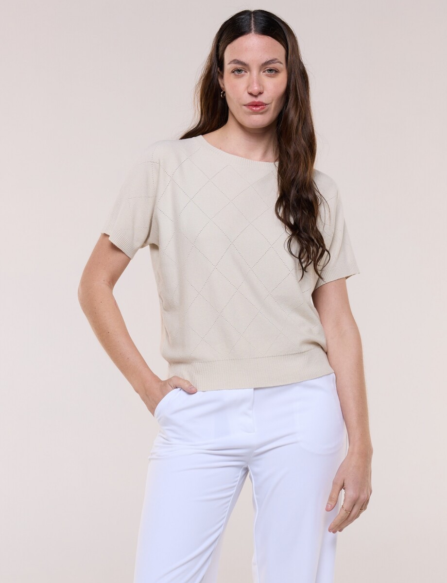 Buzo Tejido Fino Manga Corta Calado Rombos - Beige 