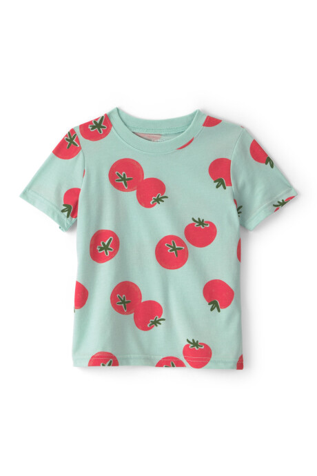 Remera de algodón, manga corta, verde, diseño tomates Sin color