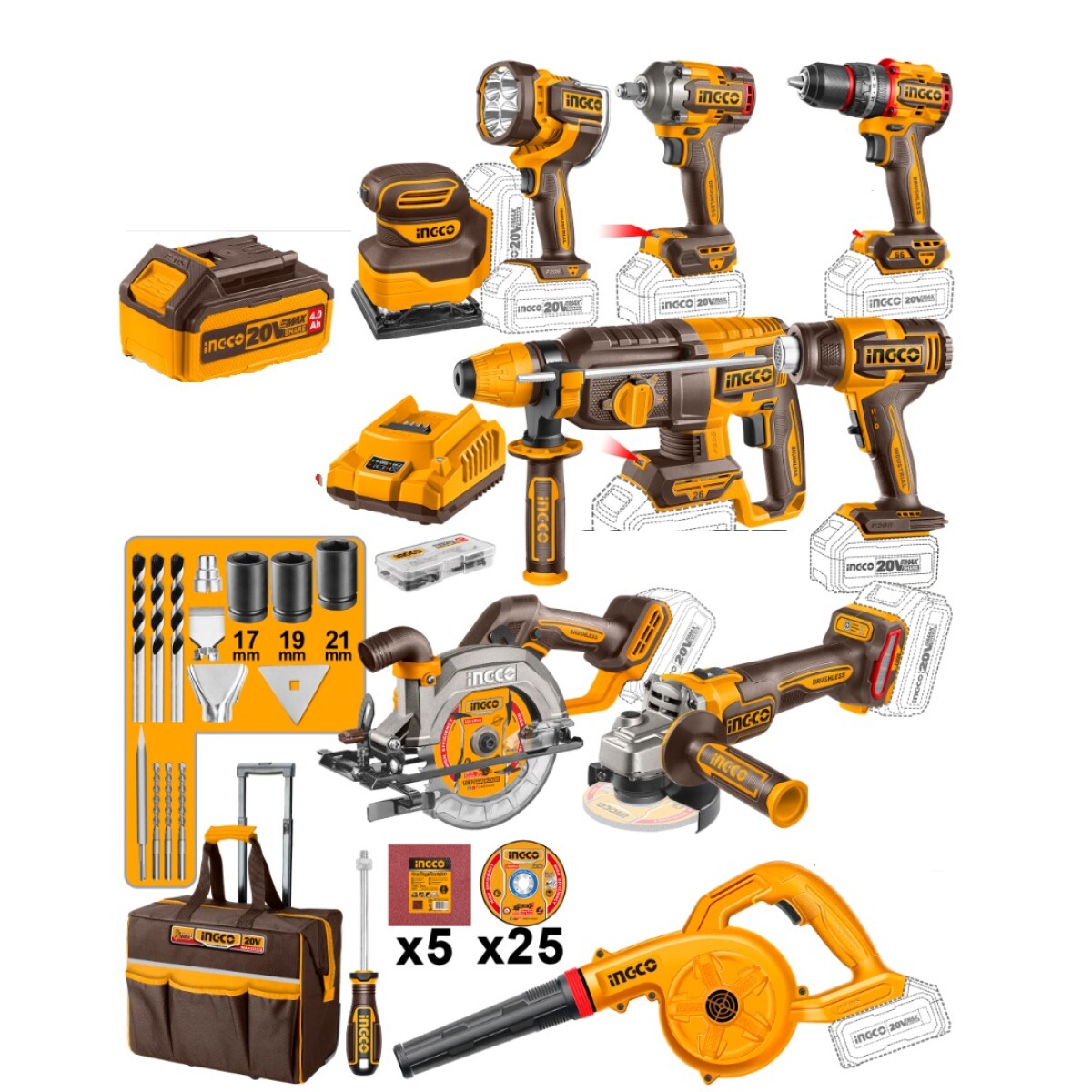 Kit 9 Herramientas Industrial Ingco COSLI250381 A Batería Ub 