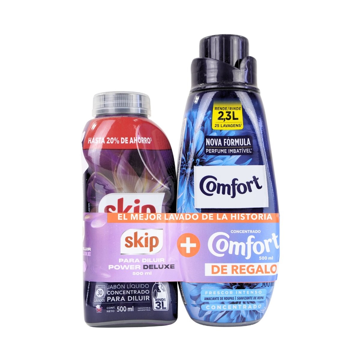 DETERGENTE LIQUIDO P/ROPA P/DILUIR SKIP 500 ML + COMFORT ORIG 500 ML 