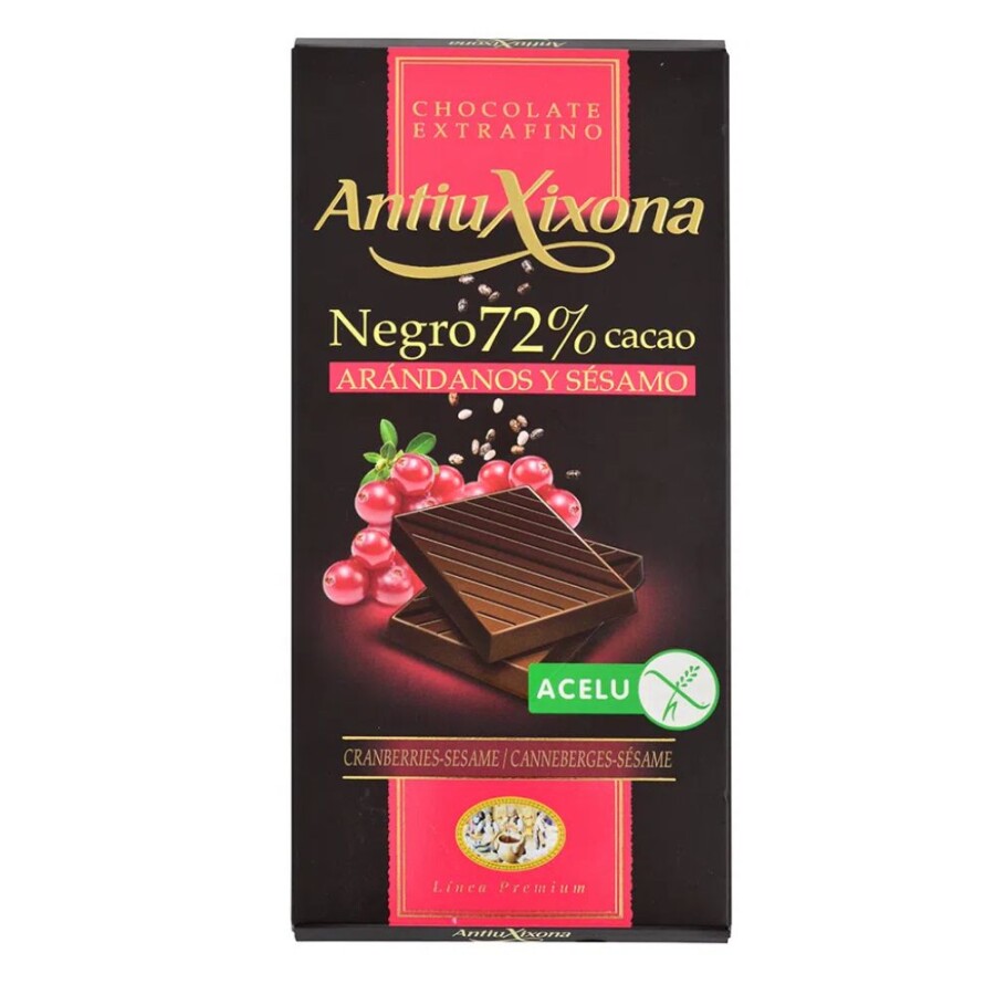 Chocolate Negro 72% De Cacao Con Arándanos Y Sésamo Sin Gluten AntiuXixona Chocolate Negro 72% De Cacao Con Arándanos Y Sésamo Sin Gluten AntiuXixona