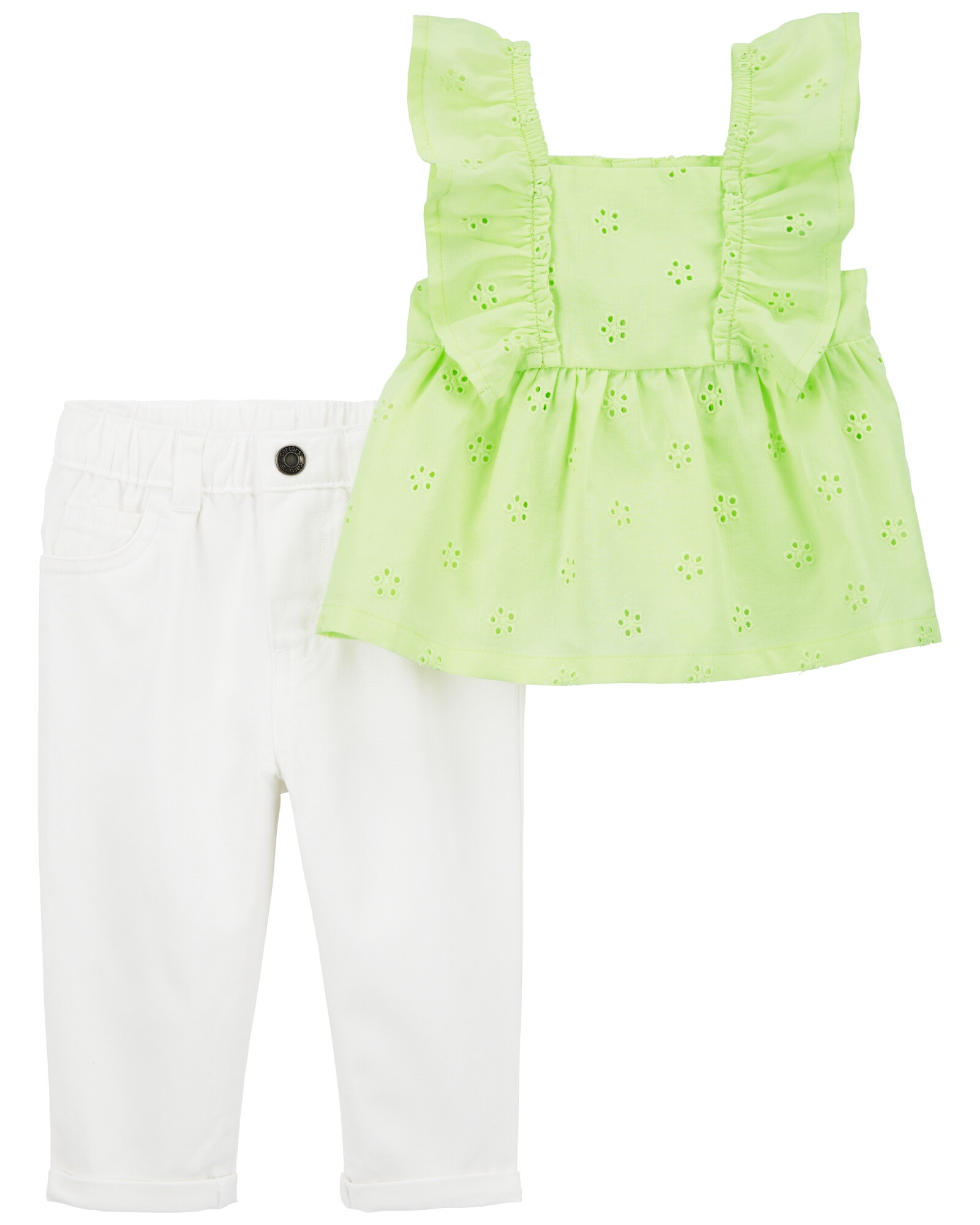 Set dos piezas, pantalón de sarga y blusa de algodón con ojales Set dos piezas, pantalón de sarga y blusa de algodón con ojales