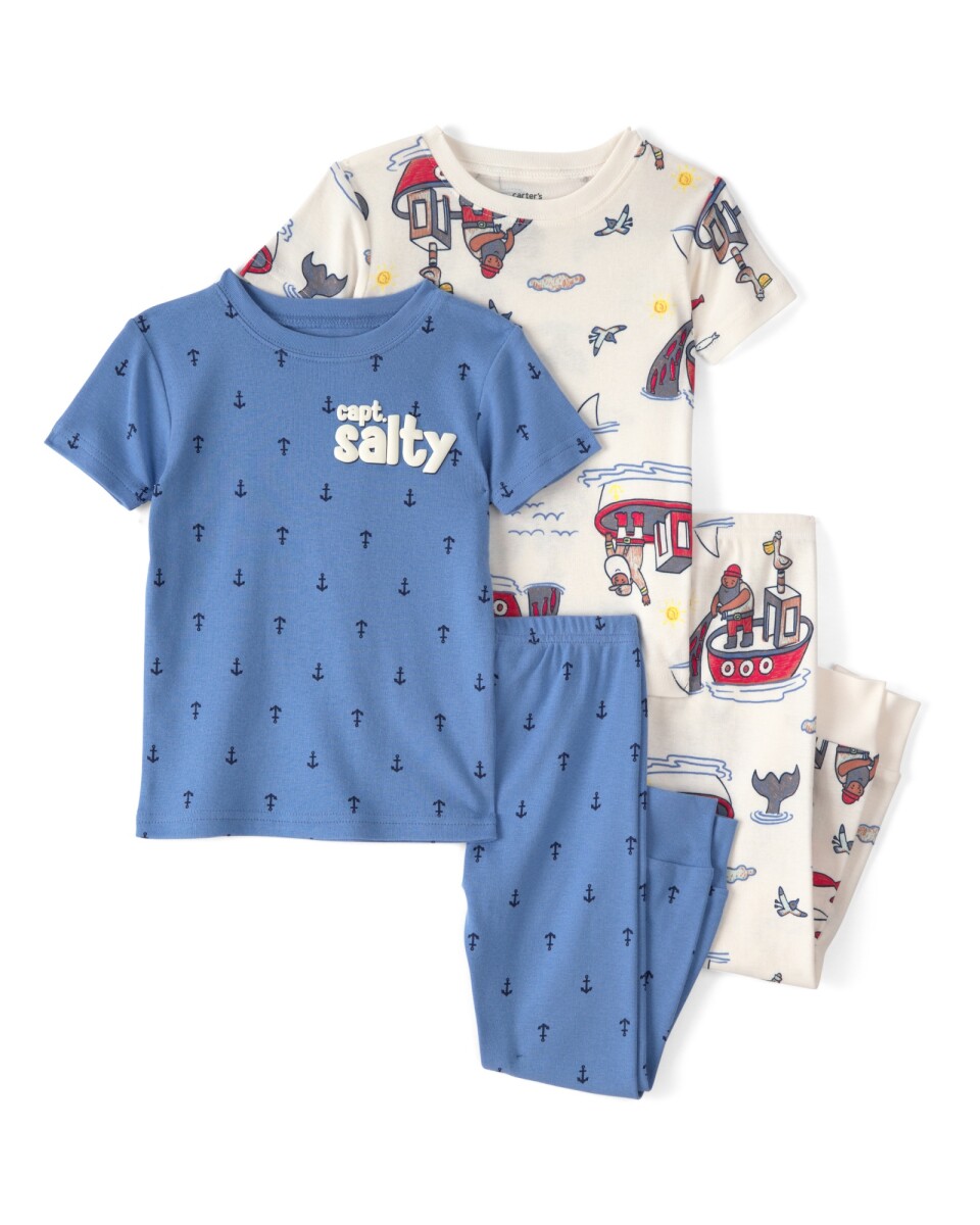 Pijama cuatro piezas de algodón, diseño náutico. Talles 12-24M 