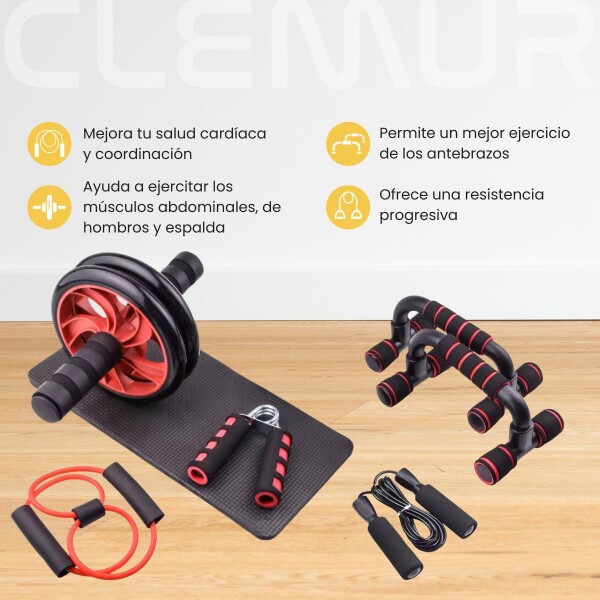 Kit Rojo Ejercicio Rueda Abdominal + Banda de Resistencia + Soga para Saltar + Barras de Push up + Hand Grip de Regalo FIT001 Kit Rojo Ejercicio Rueda Abdominal + Banda de Resistencia + Soga para Saltar + Barras de Push up + Hand Grip de Regalo FIT001