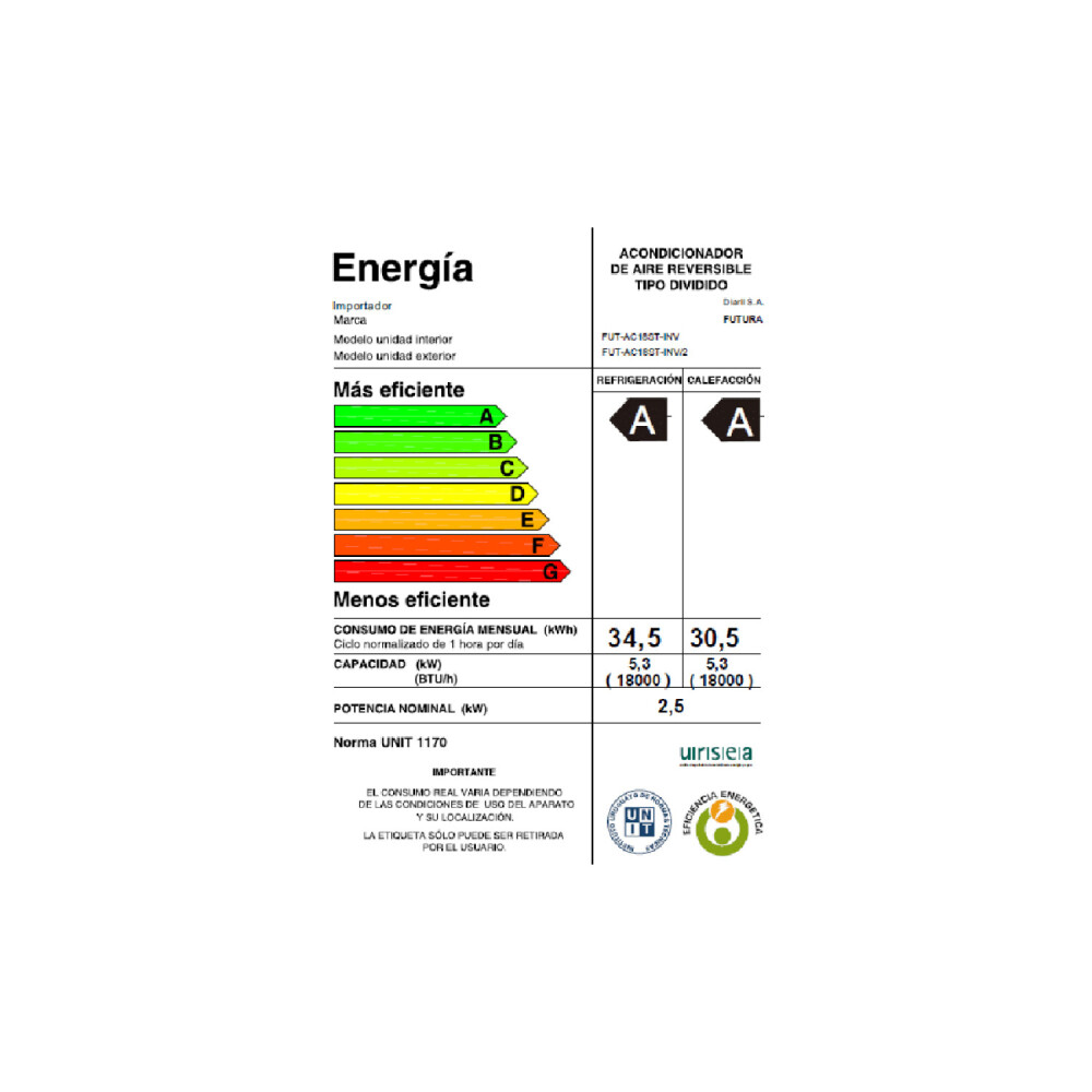 Aire Acondicionado Inverter Futura FUT-AC18ST-INV 18000 BTU Blanco