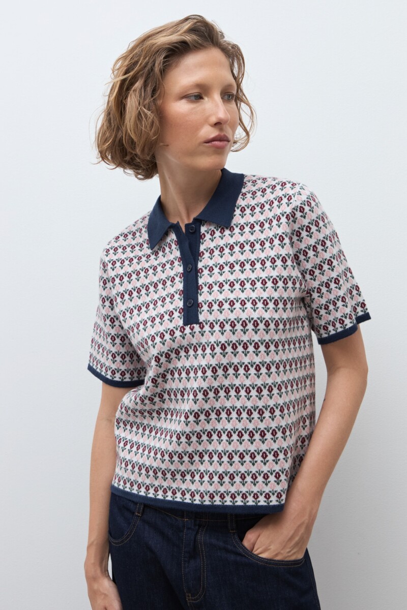 Sweater jacquard cuello polo crudo