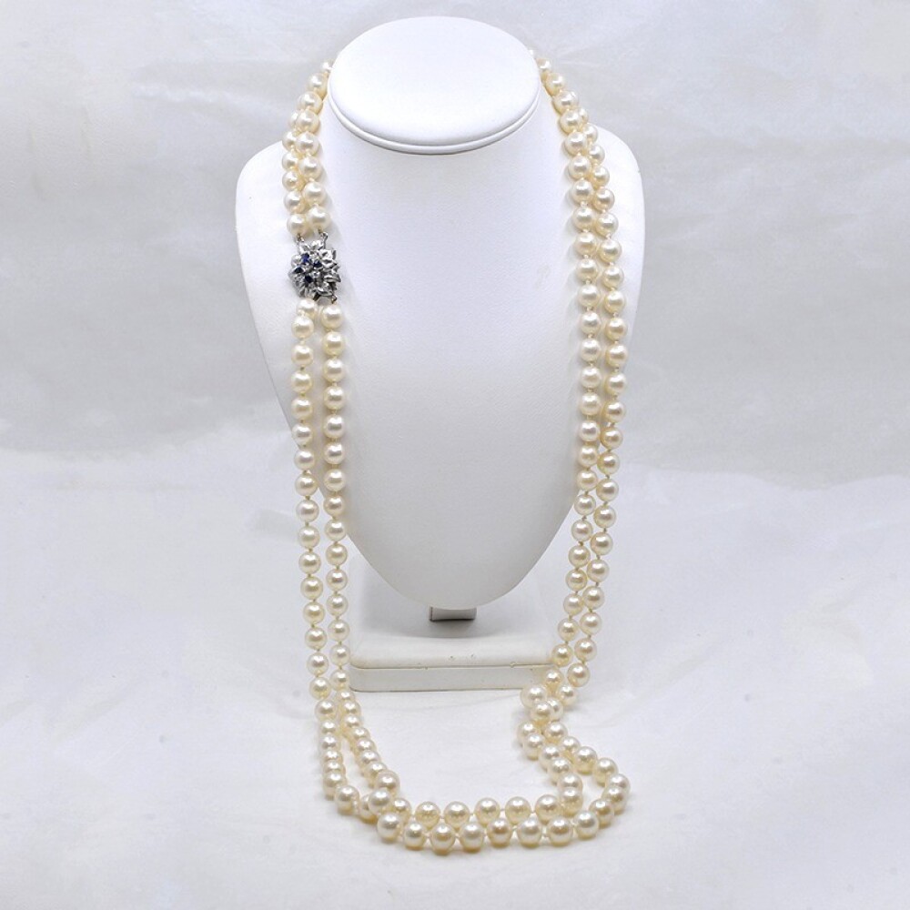 Collar De Perlas De Cultivo, 2 Hilos, Broche Con Brillantes Y Zafiros Collar De Perlas De Cultivo, 2 Hilos, Broche Con Brillantes Y Zafiros