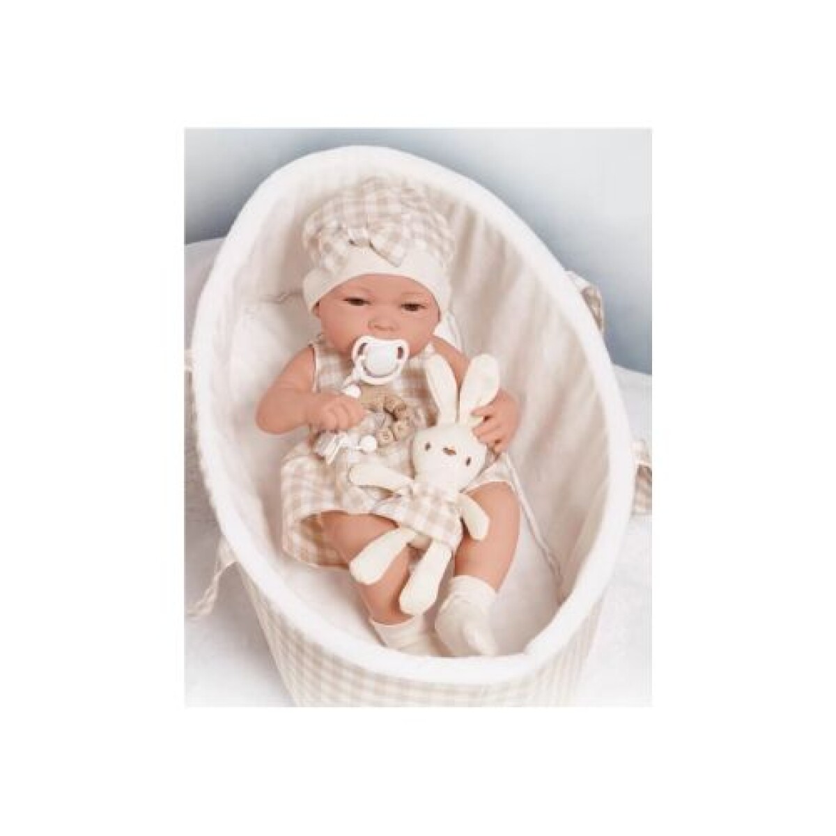 Bebote De Goma En Moises 38 Cm Con Conejito Beige 