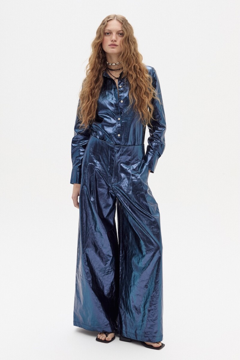Pantalón Culotte en Lino Metalizado Azul