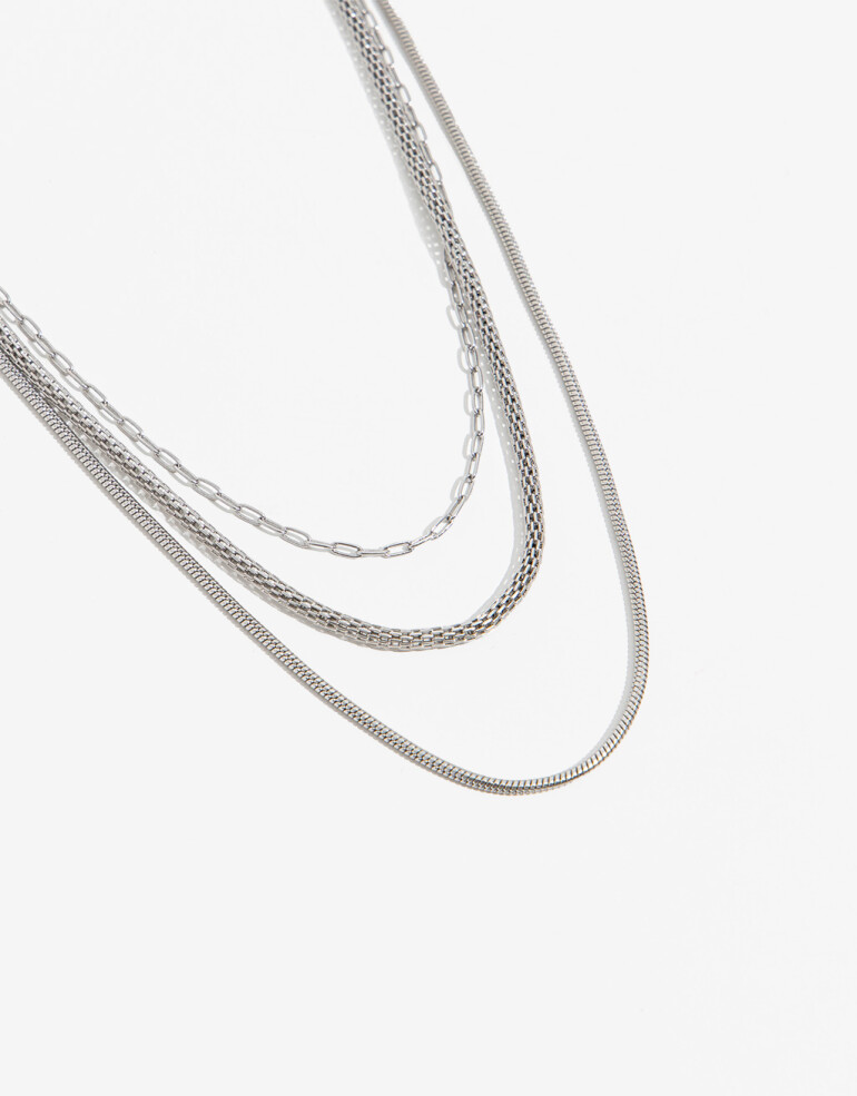 Collares Cortos Metal Collar Multicadenas - Plateado Rodio