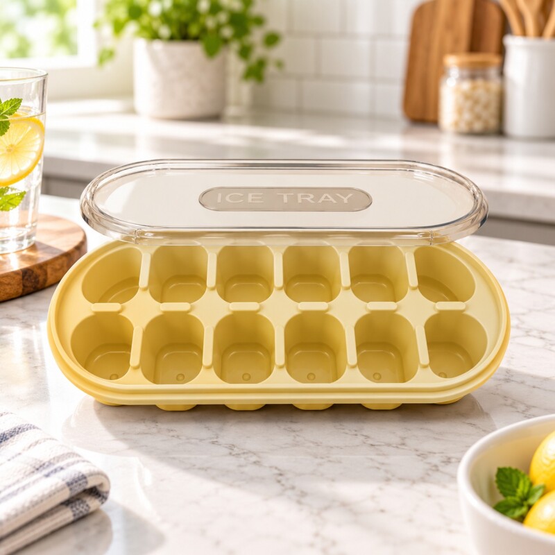 Cubetera para Hielo con Tapa y Base de Silicona 12 Cubos Mini Amarillo