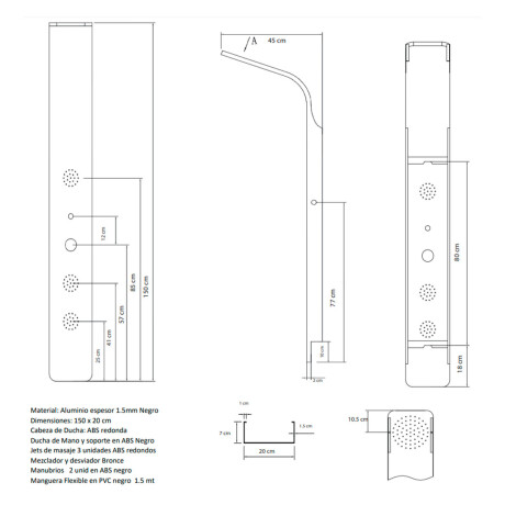 PANEL DE DUCHA CON HIDROMASAJE AQUALIA,REQUIERE MIN 3.0KG/CM2 PRESION AGUA 000