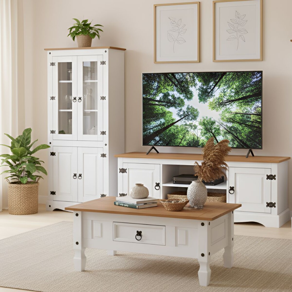 Promo Mesa Ratona + Biblioteca Cristalero + Rack de Tv Linea Naturale - Blanco/Roble 