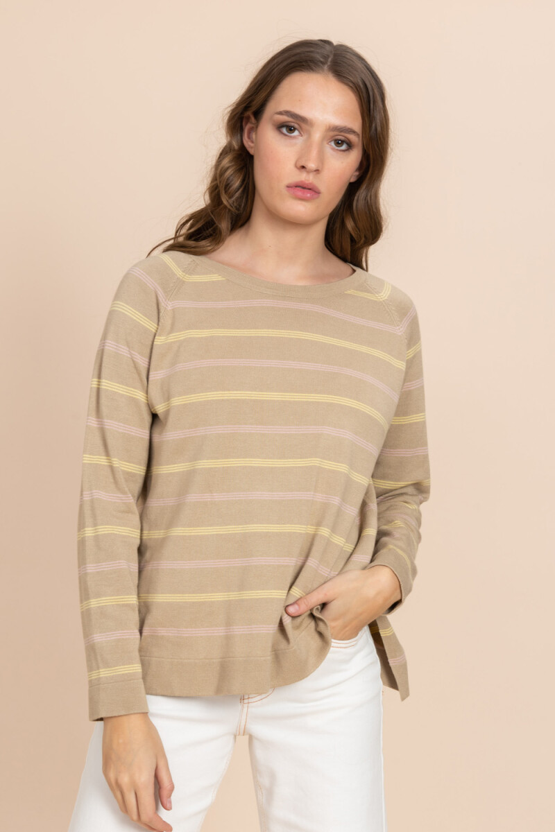 Sweater tejido basico - Beige rayado 