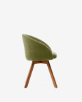 Silla giratoria Marvin chenilla verde y patas de madera maciza de haya acabado nogal